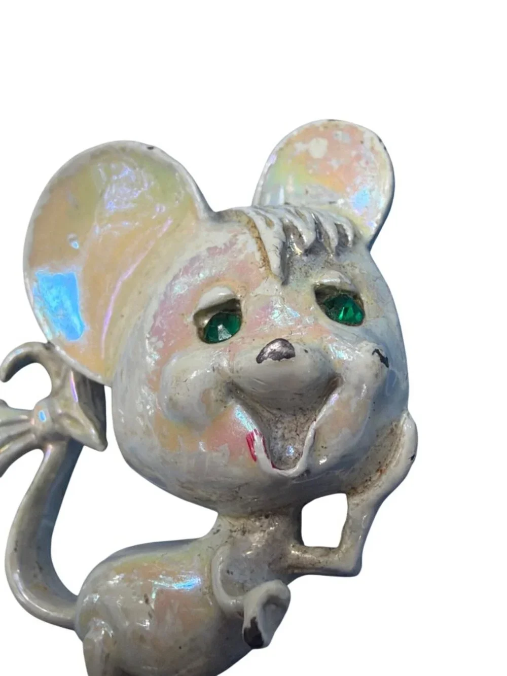 Vintage 60s Pearlescent White Mouse Pin Brooch Iridescent Rhinestone 1.5